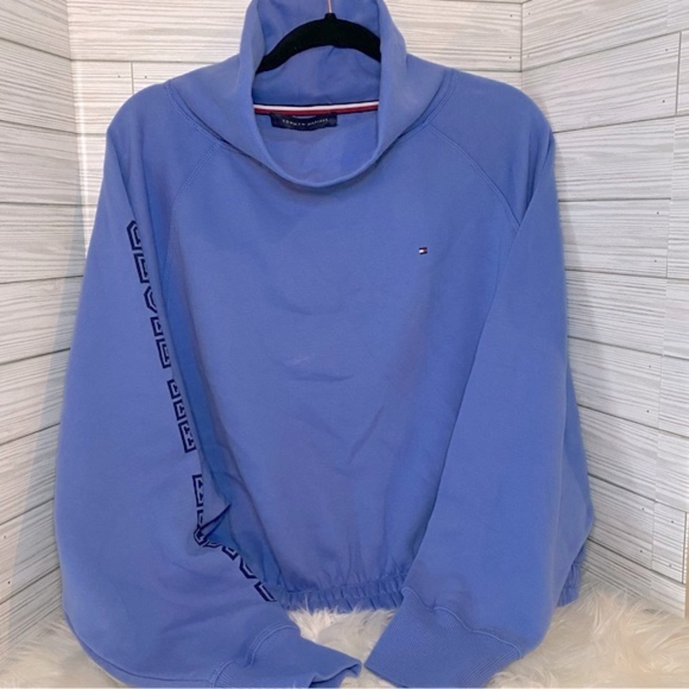 NEW! TOMMY HILFIGER Sweatshirt Mock Neck Elasticized Waist Light Blue Medium